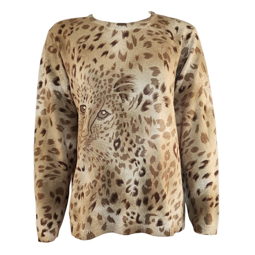 Alfred Dunner Sweater Womens Size M Medium Ramie Wool Leopard Animal Print Tan‎